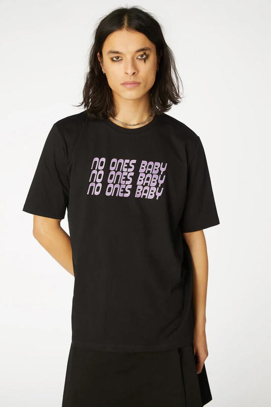 Image of a model wearing Tops. Productname: Printed Logo Tee in Black colour by brand - Black Friday