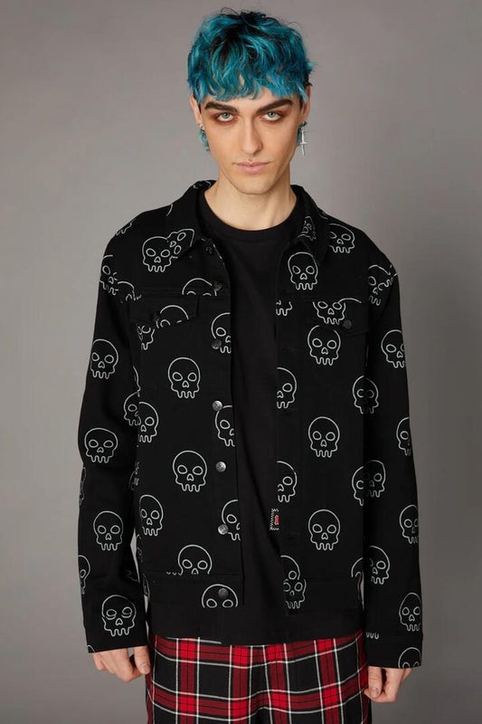 Image of a model wearing Outerwear. Productname: Printed Skull Punk Jacket in Black colour by brand - Black Friday