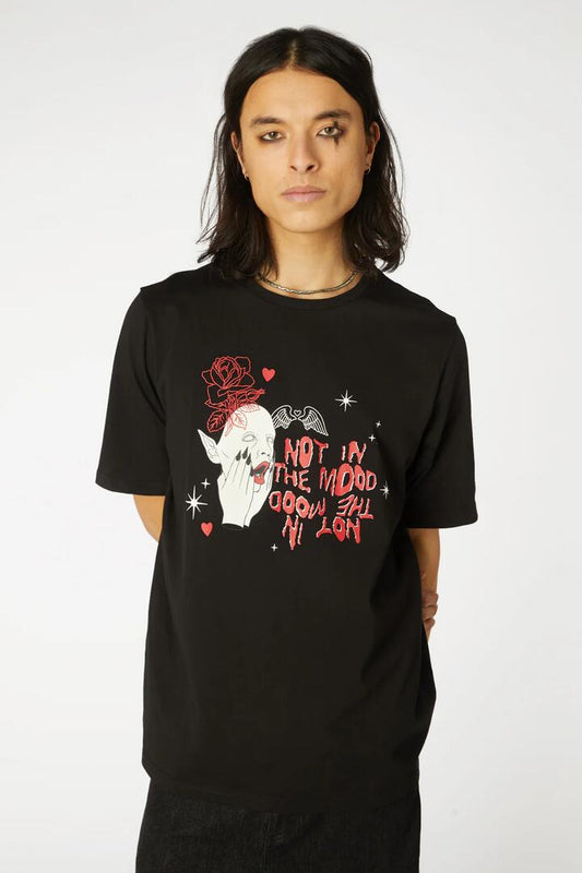 Image of a model wearing Tops. Productname: Demon Print Tee in Black colour by brand - Black Friday