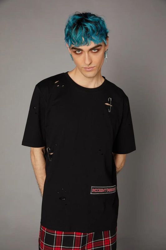 Image of a model wearing Tops. Productname: Distressed Patch Tee in Black colour by brand - Black Friday