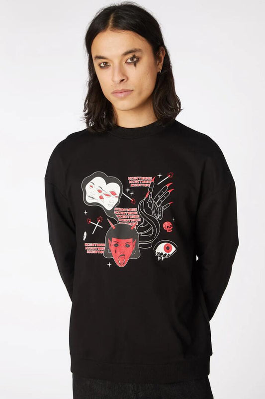 Image of a model wearing Outerwear. Productname: Print Goth Sweater in Black colour by brand - Black Friday