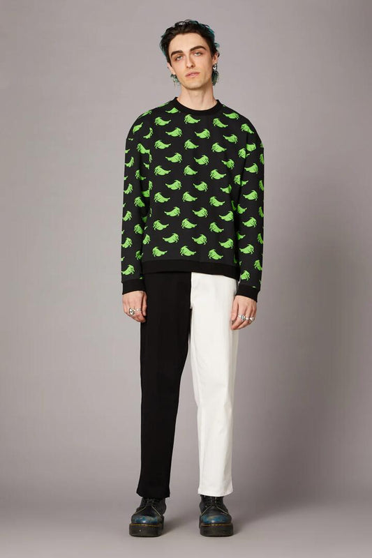 Image of a model wearing Outerwear. Productname: Green Ghost Goth Sweater in Black colour by brand - Black Friday