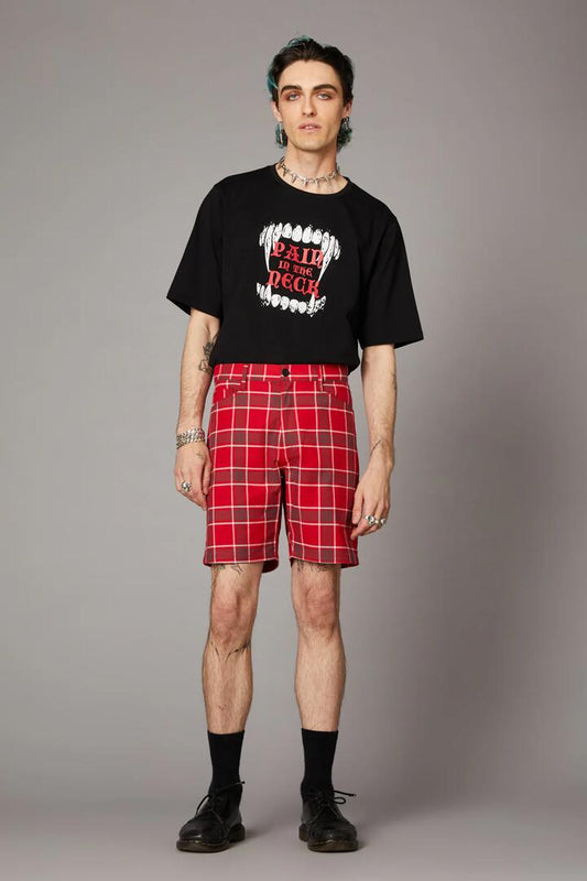 Image of a model wearing Shorts. Productname: Punk Red Tartan Unisex Short in Red colour by brand - Black Friday