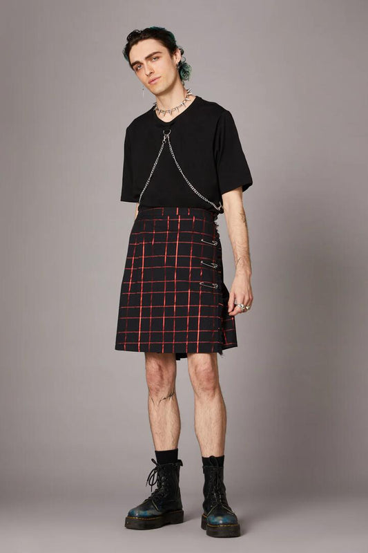 Image of a model wearing Skirts. Productname: Metallic Check Tartan Kilt in Black/Red colour by brand - Black Friday