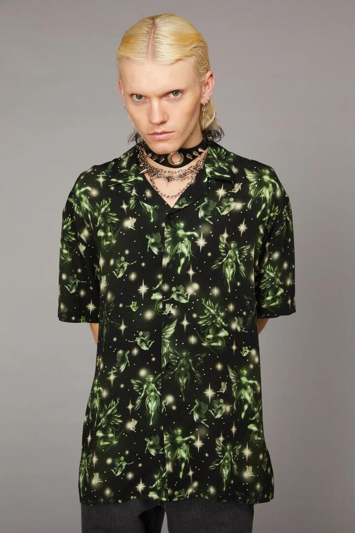 Image of a model wearing Tops. Productname: Forest Fairy Print SS Shirt in Green colour by brand - Black Friday