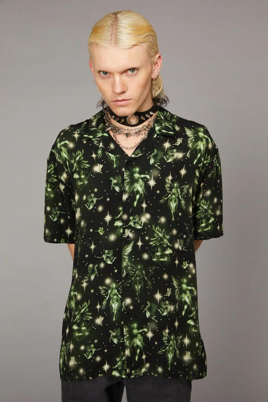 Image of a model wearing Tops. Productname: Forest Fairy Print SS Shirt in Green colour by brand - Black Friday