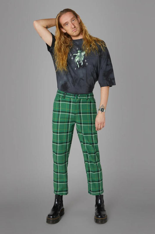 Image of a model wearing Pants. Productname: Forest Tartan Pant in Green colour by brand - Black Friday