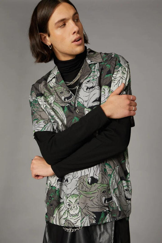 Image of a model wearing Tops. Productname: Gothic Gargoyle Print SS Shirt in Black colour by brand - Black Friday