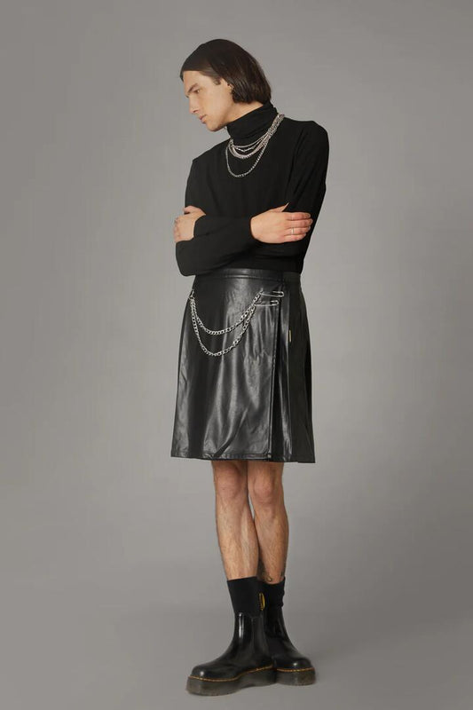 Image of a model wearing Skirts. Productname: PU Goth Skirt in Black colour by brand - Black Friday