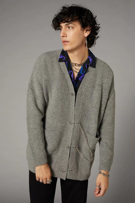 Image of a model wearing Outerwear. Productname: Safety Pin Goth Unisex Cardi in Grey colour by brand - Black Friday