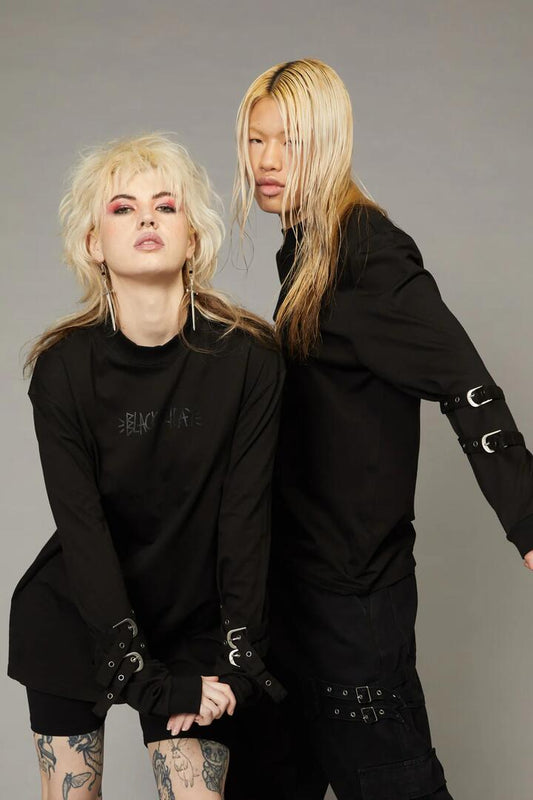 Image of a model wearing Tops. Productname: BF Logo Buckle Top in Black colour by brand - Black Friday