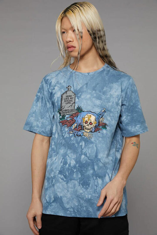Image of a model wearing Tops. Productname: Zombie Print Tee in Blue colour by brand - Black Friday