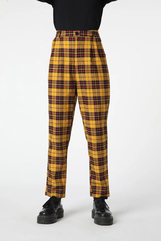 Image of a model wearing Pants. Productname: Arcana Tartan Pleated Pant in Mustard colour by brand - Dangerfield