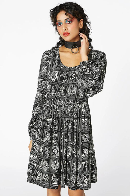 Image of a model wearing Dress. Productname: Dark Tarot Skater Dress in Black colour by brand - Dangerfield