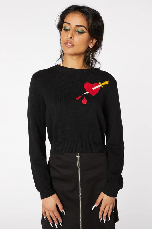 Image of a model wearing Tops. Productname: Bleeding Heart Crop Knit in Black colour by brand - Dangerfield