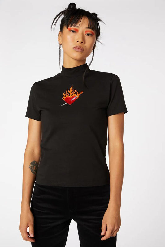 Image of a model wearing Tops. Productname: Heart Embroidery Top in Black colour by brand - Dangerfield