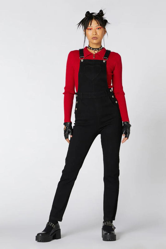 Image of a model wearing Pants. Productname: Pocket HeartDenimOverall in Black colour by brand - Dangerfield