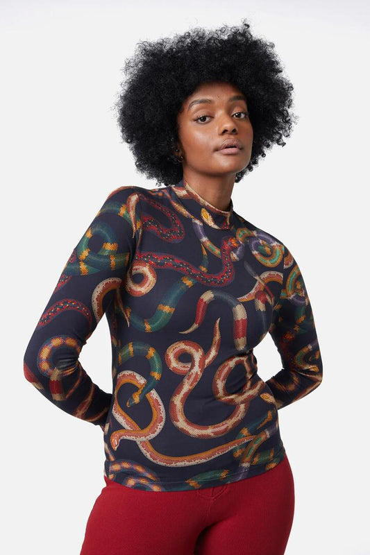 Image of a model wearing Tops. Productname: Serpent Jersey Fitted Skivvy in Black colour by brand - Dangerfield