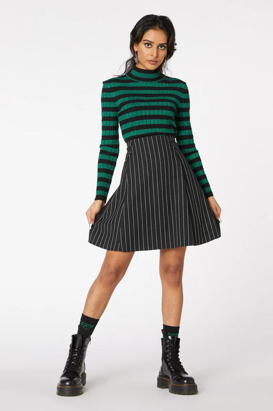 Image of a model wearing Skirts. Productname: Pin Stripe Pleat Mini Skirt in Black colour by brand - Dangerfield