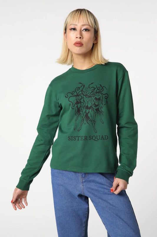 Image of a model wearing Outerwear. Productname: Sister Print Cotton Sweater in Green colour by brand - Dangerfield