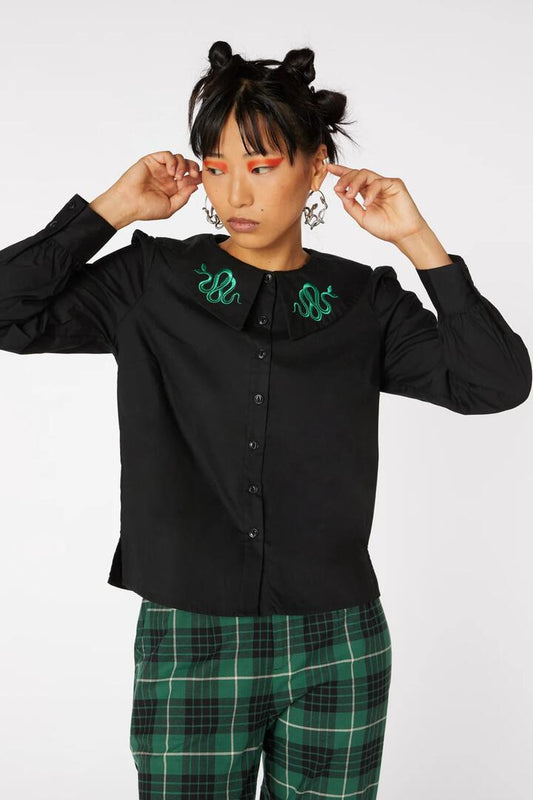 Image of a model wearing Tops. Productname: Collar Snake Cotton Blouse in Black colour by brand - Dangerfield