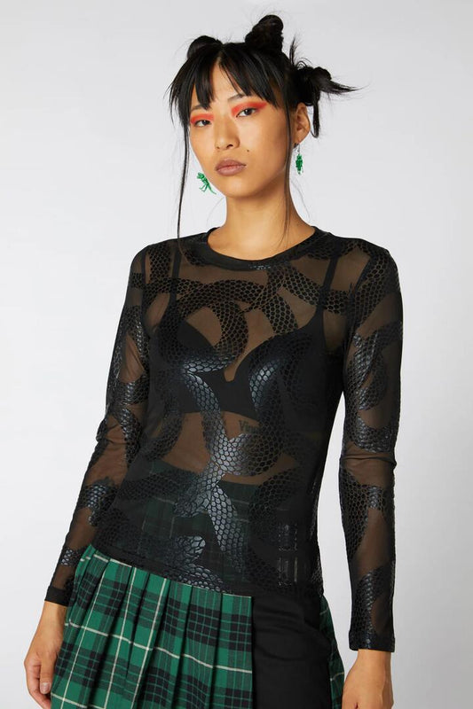 Image of a model wearing Tops. Productname: Sheer Snake Foil Print Top in Black colour by brand - Dangerfield