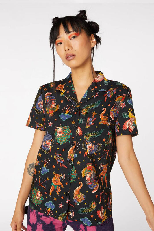Image of a model wearing Tops. Productname: Tattoo Greek Myth Blouse in Black colour by brand - Dangerfield