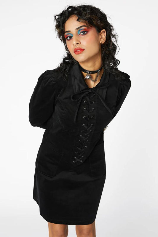 Image of a model wearing Dress. Productname: 70S Muse Velvet Dress in Black colour by brand - Dangerfield