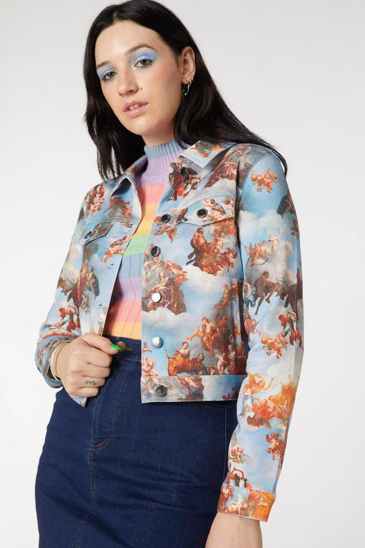 Image of a model wearing Outerwear. Productname: Art Mural Cotton Drill Jacket in Blue colour by brand - Dangerfield