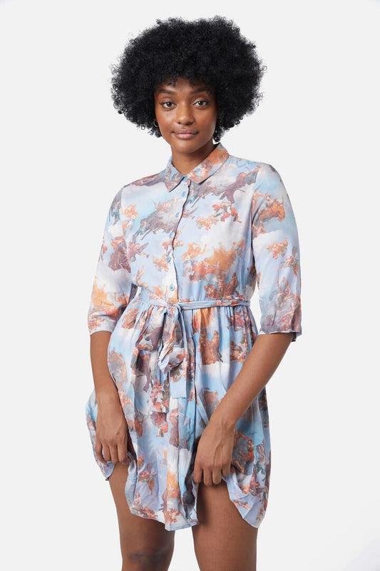 Image of a model wearing Dress. Productname: Art Mural Viscose Dress in Blue colour by brand - Dangerfield