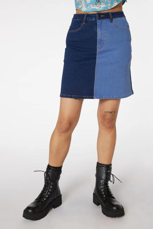 Image of a model wearing Denim. Productname: Split Wash Denim Mini Skirt in Blue colour by brand - Dangerfield