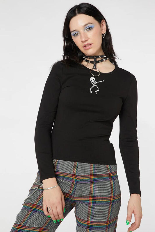 Image of a model wearing Tops. Productname: Embroidered Skeleton Top in Black colour by brand - Dangerfield