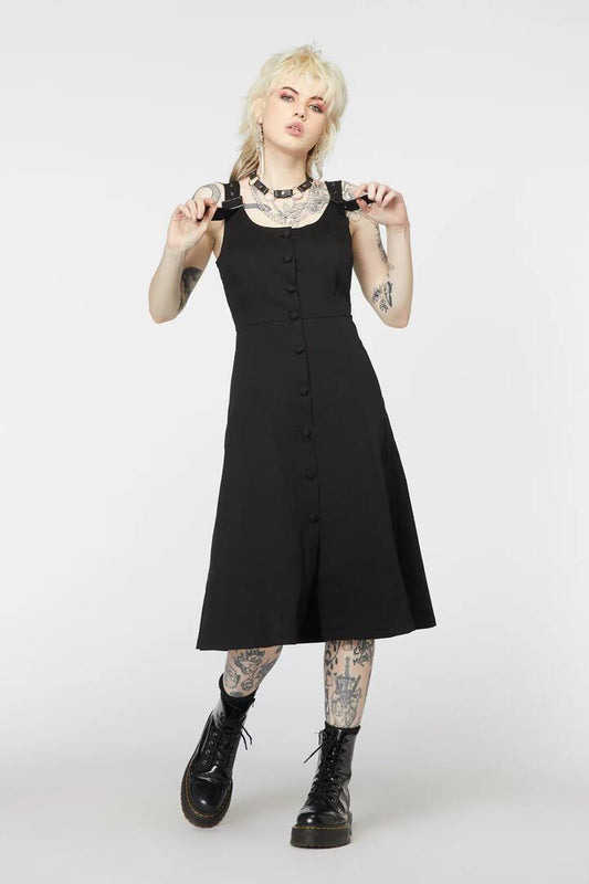 Image of a model wearing Dress. Productname: Punk Buckle Midi Pinafore in Black colour by brand - Dangerfield