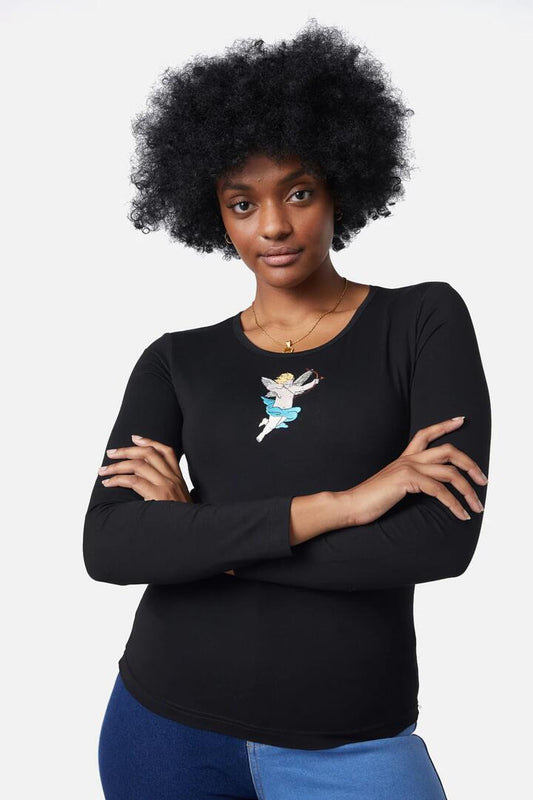 Image of a model wearing Tops. Productname: Embroidered Cherub Top in Black colour by brand - Dangerfield