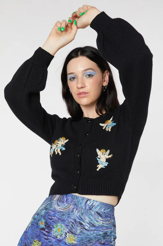 Image of a model wearing Outerwear. Productname: Cherub Embroidery Cardi in Black colour by brand - Dangerfield