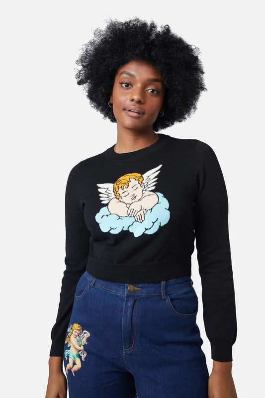 Image of a model wearing Tops. Productname: Quirky Cherub Cotton Knit in Black colour by brand - Dangerfield