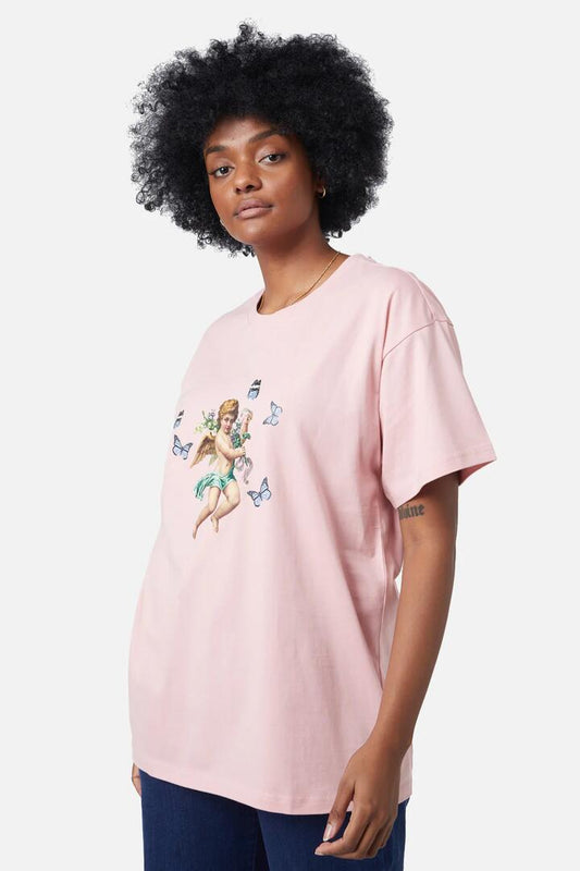 Image of a model wearing Tops. Productname: 90S Cherub Oversized Tee in Pink colour by brand - Dangerfield
