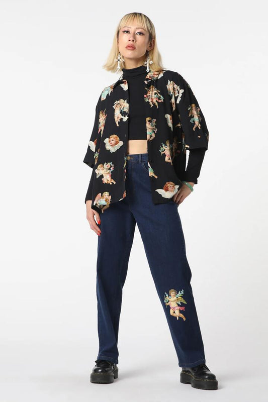 Image of a model wearing Tops. Productname: Cherub Viscose Boxy Shirt in Black colour by brand - Dangerfield