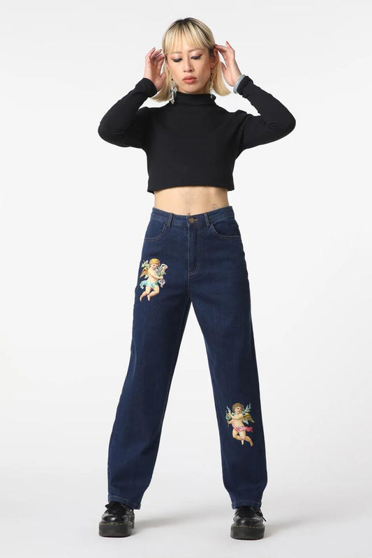 Image of a model wearing Denim. Productname: Denim Cherub Print Jean in Indigo colour by brand - Dangerfield