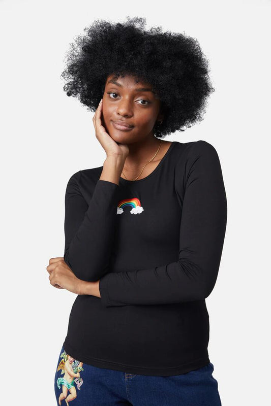 Image of a model wearing Tops. Productname: Embroidered Rainbow Top in Black colour by brand - Dangerfield