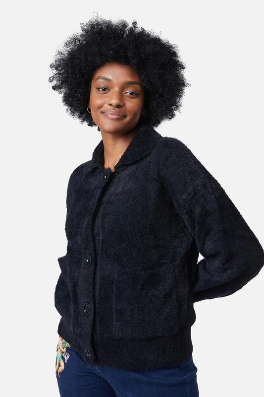 Image of a model wearing Outerwear. Productname: Sisters Collar Fluffy Cardi in Black colour by brand - Dangerfield