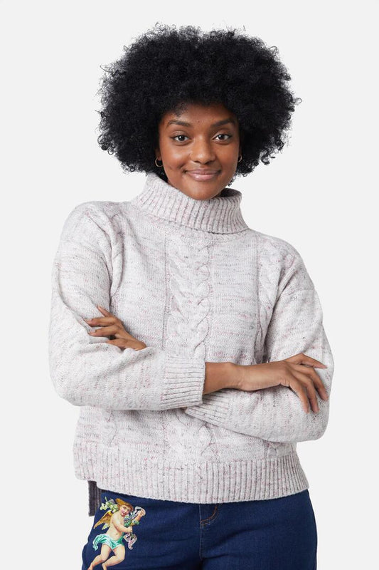 Image of a model wearing Tops. Productname: Space Dye Cable Boxy Knit in Pale Pink colour by brand - Dangerfield