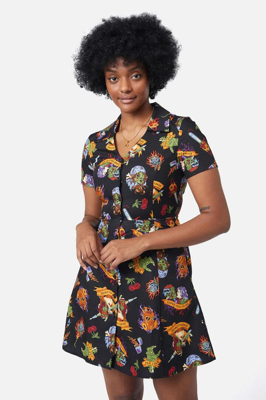 Image of a model wearing Dress. Productname: Tattoo Zombie Shirt Dress in Black colour by brand - Dangerfield