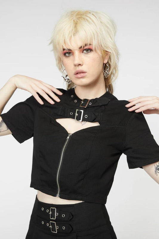 Image of a model wearing Tops. Productname: Scout Twill Buckle Shirt in Black colour by brand - Dangerfield