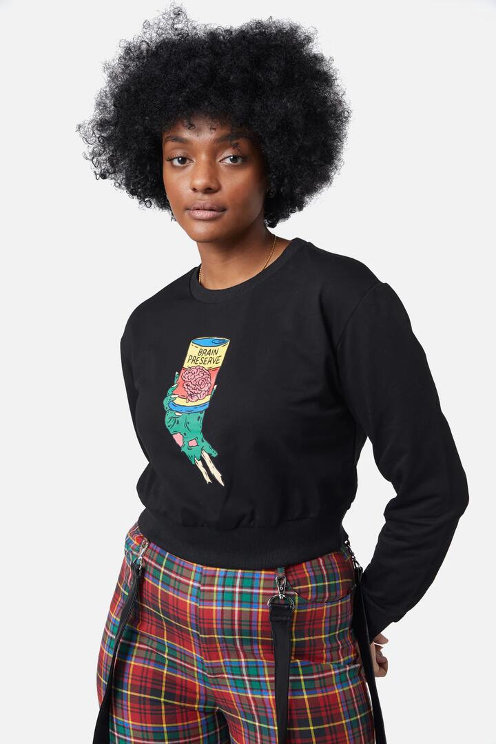 Image of a model wearing Outerwear. Productname: Brainz Boxy Crop Sweater in Black colour by brand - Dangerfield