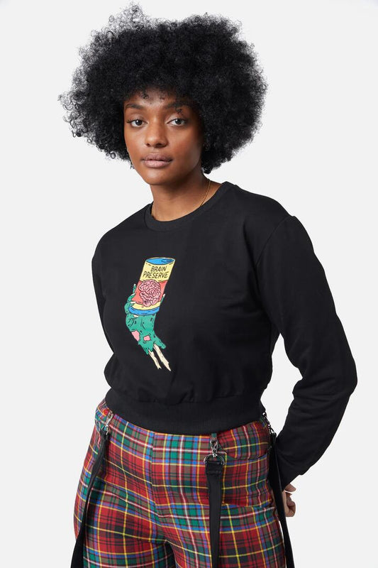 Image of a model wearing Outerwear. Productname: Brainz Boxy Crop Sweater in Black colour by brand - Dangerfield