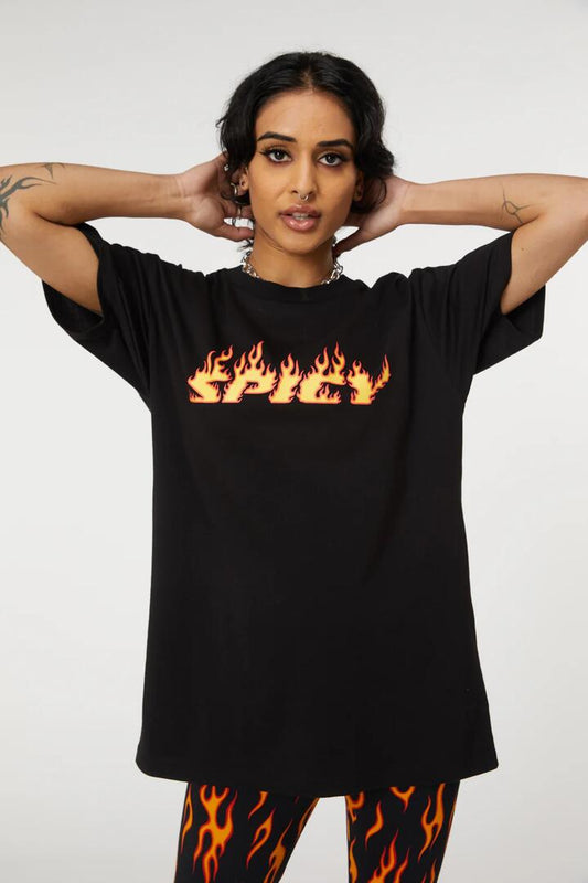 Image of a model wearing Tops. Productname: Spicy Print Cotton Tee in Black colour by brand - Dangerfield