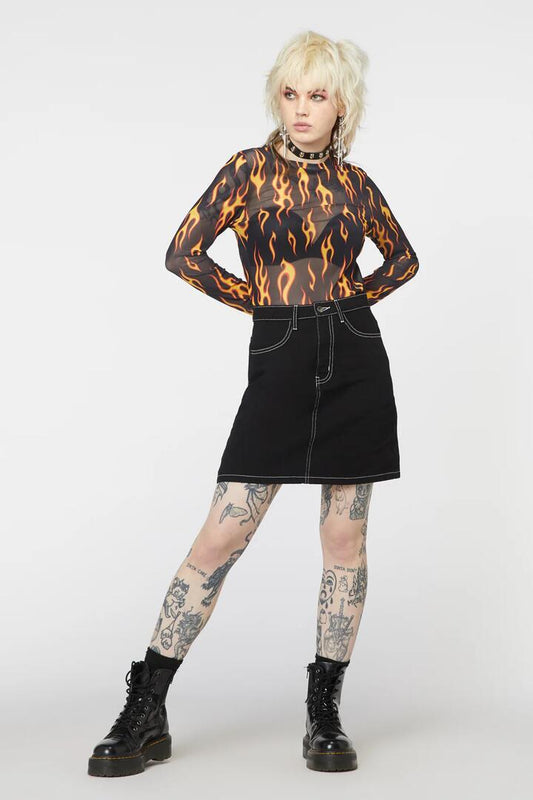 Image of a model wearing Denim. Productname: Burn Baby Denim Mini Skirt in Black colour by brand - Dangerfield