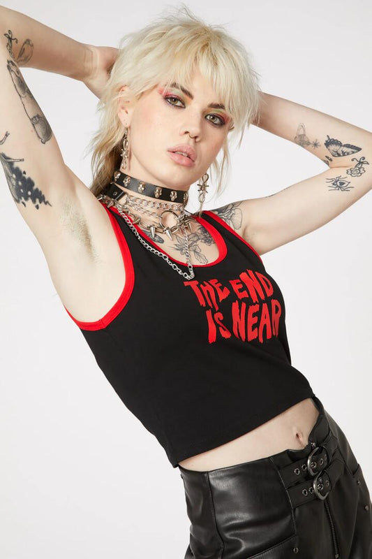 Image of a model wearing Tops. Productname: Ending Print Jersey Tank in Black/Red colour by brand - Dangerfield
