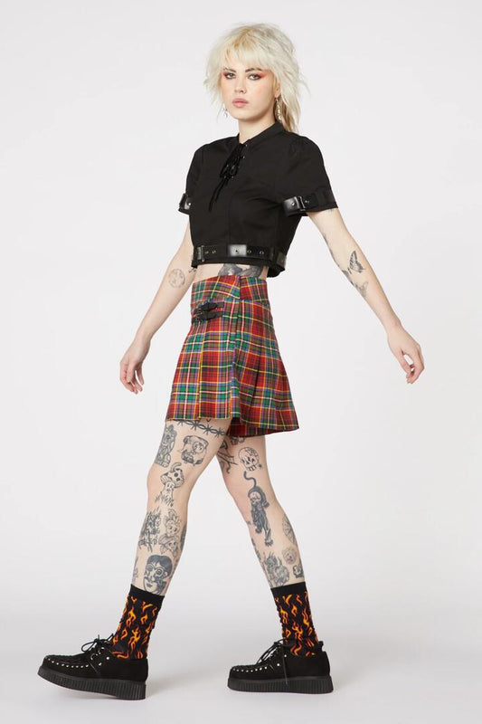 Image of a model wearing Skirts. Productname: Wichita Tartan Buckle Skort in Red colour by brand - Dangerfield